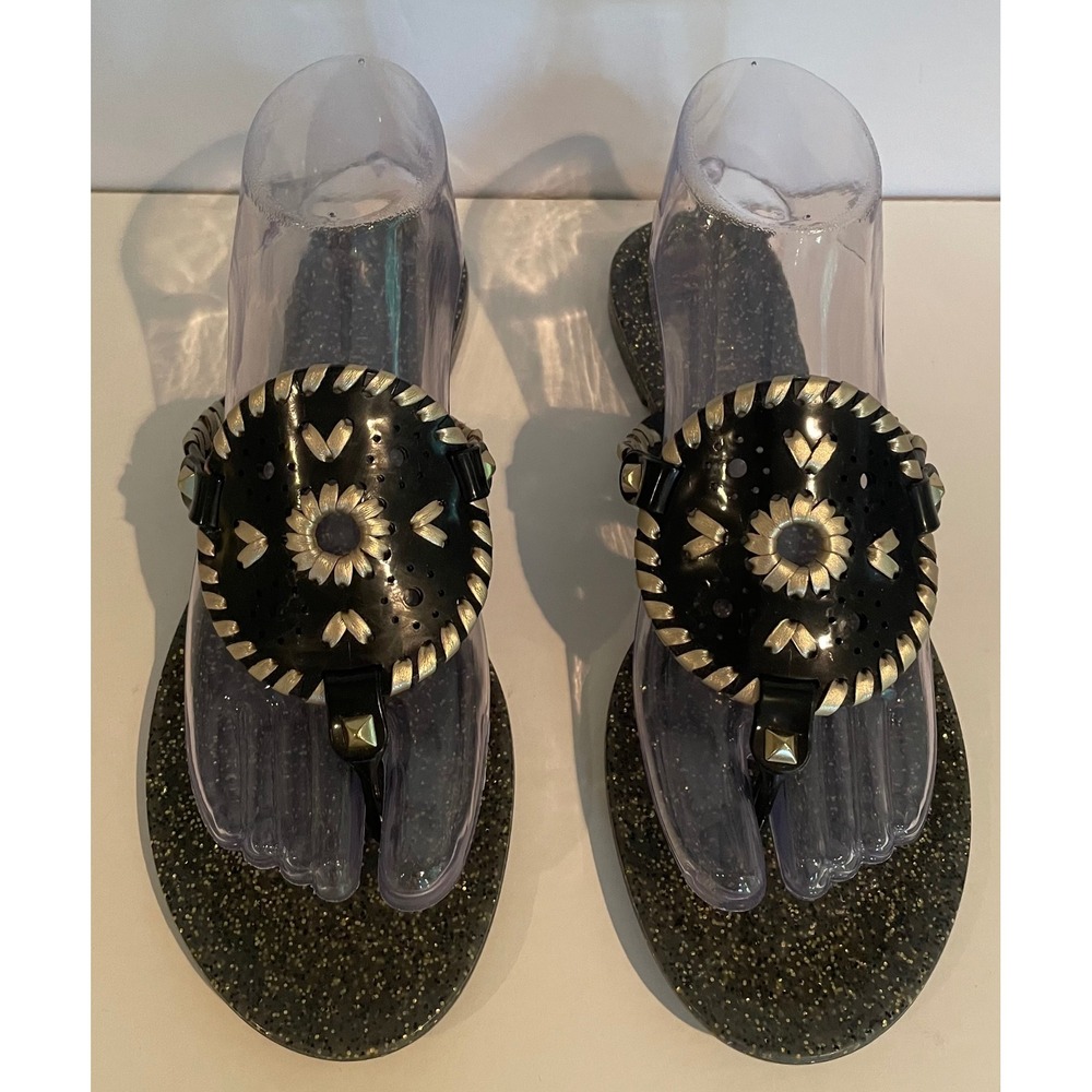 Jack Rogers Georgica Jelly Sandals Black Gold Glitter‎ Whipstitch Flip Flops 7